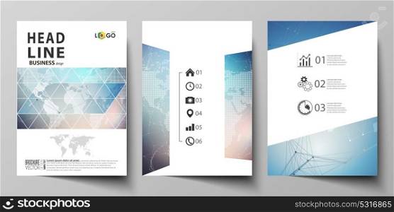 Vector illustration of editable layout of three A4 format modern covers design templates for brochure, magazine, flyer, booklet. Polygonal geometric linear texture. Global network, dig data concept.. The vector illustration of the editable layout of three A4 format modern covers design templates for brochure, magazine, flyer, booklet. Polygonal geometric linear texture. Global network, dig data concept.