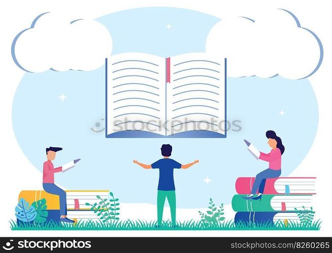 Vector illustration of educational concept. Students read a book in the library of literary club meeting. The reading hobby community. A social group with an interest in stories or poetry.
