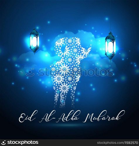 Vector illustration of Eid adha blue glow light lantern of sacrifice Eid-Ul-Adha with sheep