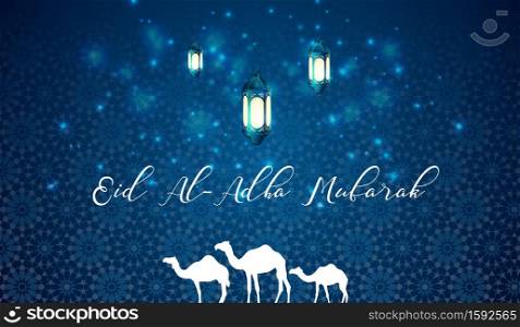 Vector illustration of Eid al adha blue greeting background with arabic lantern and camels
