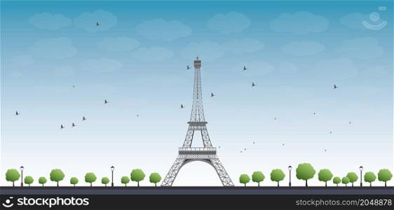 Vector illustration of Eiffel Tower with Blue Sky and Tree