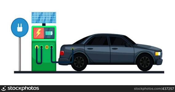Vector illustration of electrical car charging station. Electric car charging, eco green energy. Vector illustration of electrical car charging station