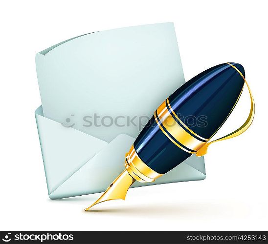 Vector illustration of elegant fountain pen with white blank open envelope