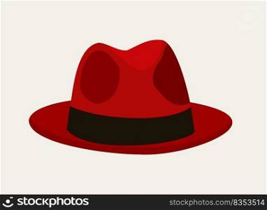 Vector illustration of elegant red fedora hat isolated on light beige background.