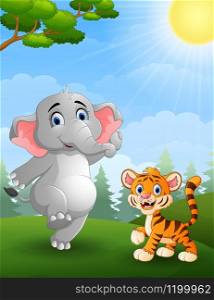vector illustration of Elephant and tiger cartoon in the jungle