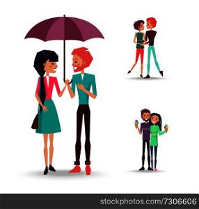 Vector illustration of enamored girls and boys stands under lilac umbrella, holds ice cream, embrace and looking at each other.. Concept of Three Pair of Lovers Isolated on White
