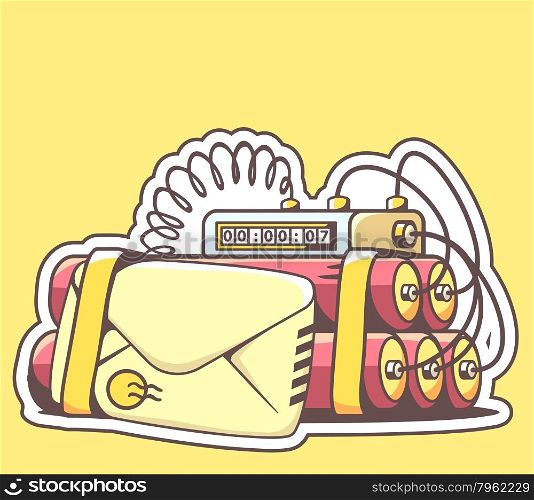 Vector illustration of envelope with red dynamite on yellow background. Hand draw line art design for web, site, advertising, banner, poster, board and print.