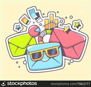Vector illustration of envelopes with sunglasses and financial documents on color background. Hand draw line art design for web, site, advertising, banner, poster, board and print.