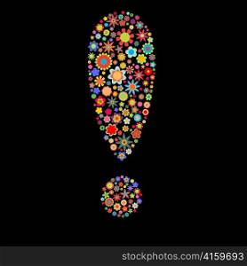 Vector illustration of exclamation mark shape made up a lot of multicolored small flowers on the black background