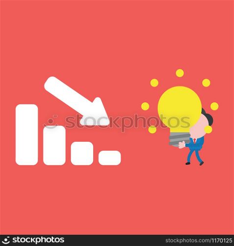 Vector illustration of faceless businessman character carrying glowing light bulb idea to sales bar graph moving down on red background.