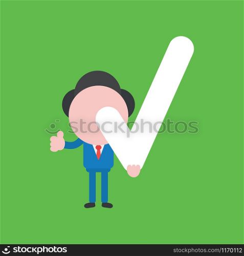 Vector illustration of faceless businessman character holding check mark and giving thumbs up on green background.