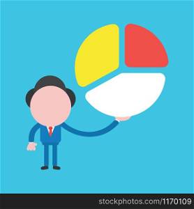 Vector illustration of faceless businessman character holding diagram pies on blue background.