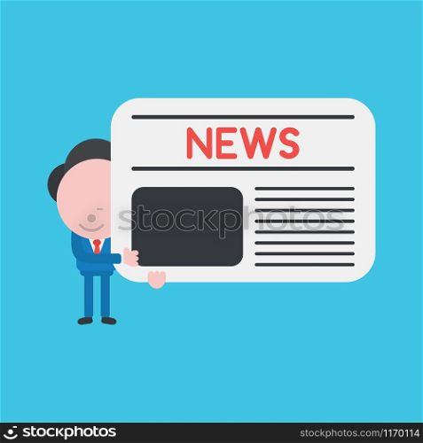 Vector illustration of faceless businessman character holding newspaper on blue background.