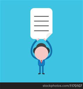 Vector illustration of faceless businessman character holding up written paper on blue background.