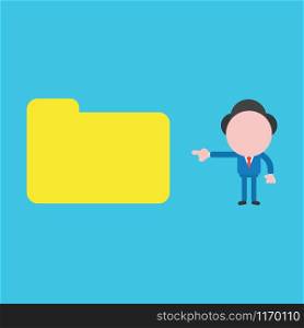 Vector illustration of faceless businessman character pinting closed file folder on blue background.
