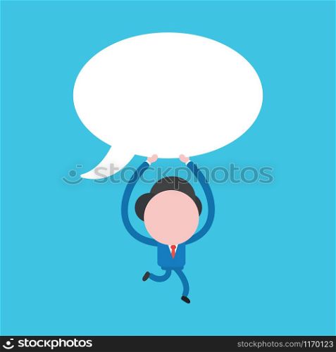 Vector illustration of faceless businessman character running and holding up blank speech bubble on blue background.