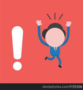Vector illustration of faceless businessman character running away from exclamation mark on red background.