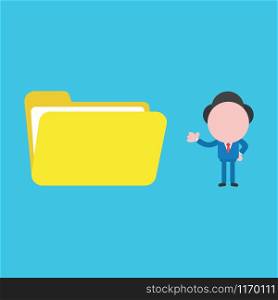 Vector illustration of faceless businessman character showing opened file folder on blue background.