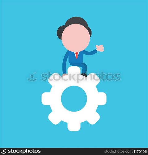 Vector illustration of faceless businessman character sitting on gear on blue background.