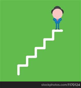Vector illustration of faceless businessman character standing on top of stairs on green background.