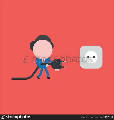 Vector illustration of faceless businessman character walking and holding plug to outlet on red background.