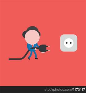 Vector illustration of faceless businessman character walking and holding plug to outlet on red background.