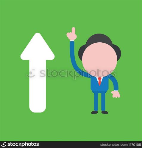 Vector illustration of faceless businessman character with arrow moving up and pointing up on green background.