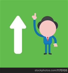 Vector illustration of faceless businessman character with arrow moving up and pointing up on green background.