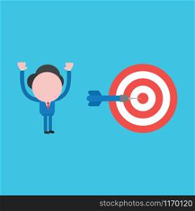 Vector illustration of faceless businessman character with bulls eye and dart hit the target.