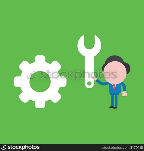 Vector illustration of faceless businessman character with gear and holding spanner on green background.