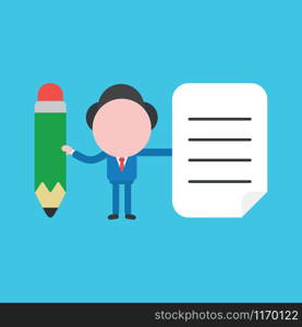 Vector illustration of faceless businessman character with pencil and written paper on blue background.