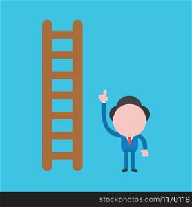 Vector illustration of faceless businessman character with wooden ladder and pointing up on blue background.