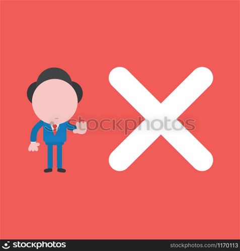 Vector illustration of faceless businessman character with x mark and hand stop sign on red background.