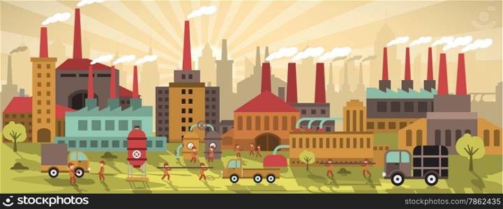 Vector illustration of factory in the city (retro colors)