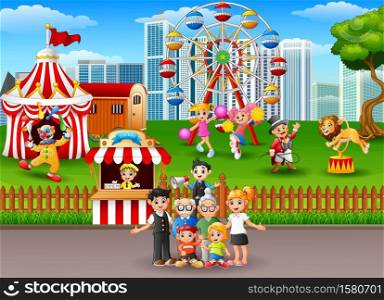 Vector illustration of Family members recreation in the amusement park
