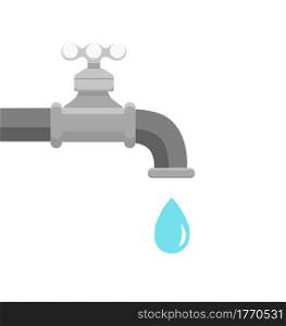 Vector illustration of faucet and a falling drop of water. Flat design of tap with liquid clean background. Kitchen and bathroom steel pipe cleaning and washing concept. Vector illustration of faucet and a falling drop of water.