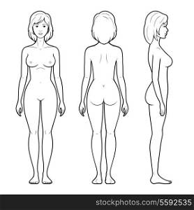 Vector illustration of female figure - front, back and side view in outline