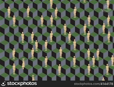 Vector illustration of figures on the cube pattern. Retro abstract Background.