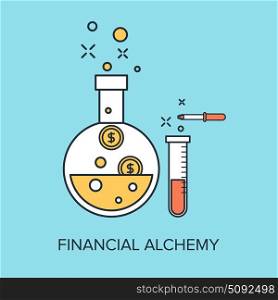 Vector illustration of financial alchemy flat line design concept.