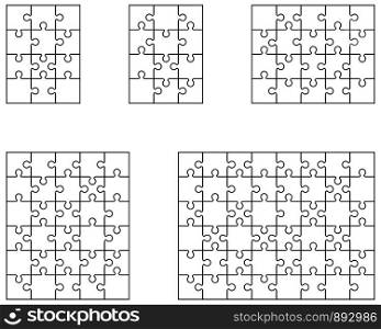 Vector illustration of five different white puzzle, separate pieces