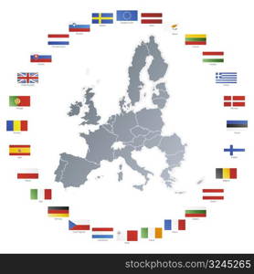 Vector illustration of flags of the 27 members of the European Union as of 2008 plus NATO and the EU spread in a circle around the countries&acute; map.