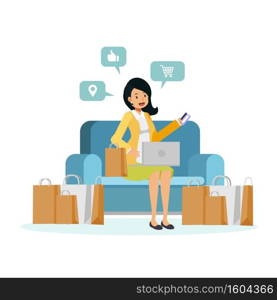 vector illustration of flat cartoon character woman sitting on sofa is enjoy shopping online. woman hold credit card on sofa surronding by shopping bag.