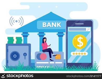 Vector illustration of flat isometric isolated on white background. Online bank for banking concepts, transactions, accounts. Can be used for web banners, infographics, hero images.