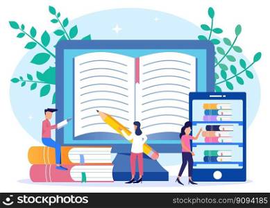 Vector illustration of flat isometric isolated on white background. Different students learn with online libraries. Can be used for web banners, infographics, hero images.