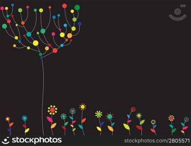Vector illustration of floral funky background with the tree and flowers.