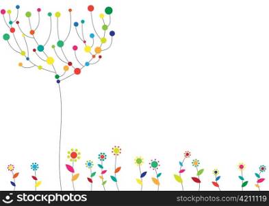 Vector illustration of floral funky background with the tree and flowers.