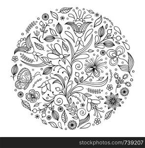Vector illustration of floral hand drawn pattern.Coloring page for adult. floral hand drawn pattern