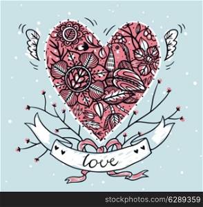 vector illustration of floral heart and vintage ribbons for Valentine day