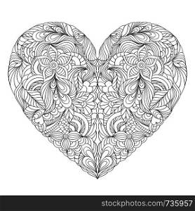 Vector illustration of floral heart on white background. Coloring page for adult.. heart on white background