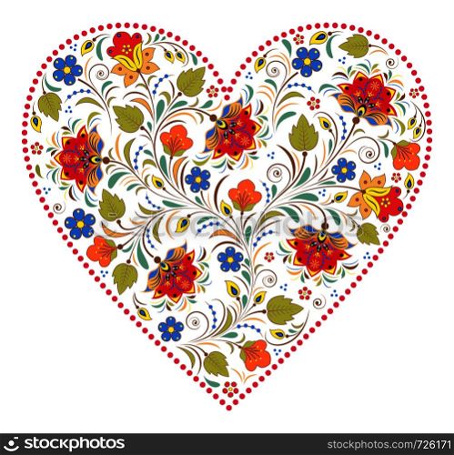 Vector illustration of floral heart with traditional russian pattern.Khokhloma.